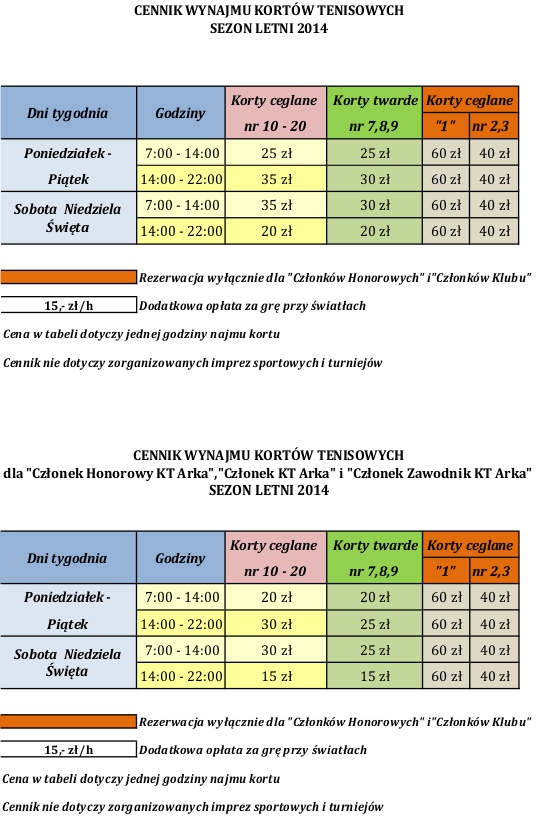 Cennik – Sezon letni 2014